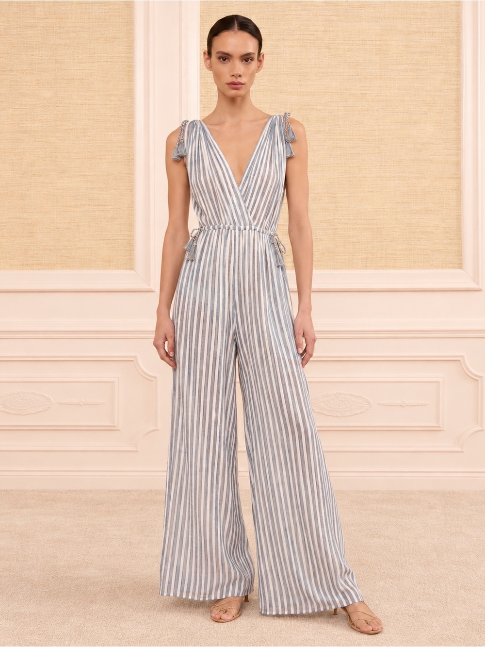 Ulla Johnson Tallis Indigo Striped Tassel Wide Leg Jumpsuit Size 4